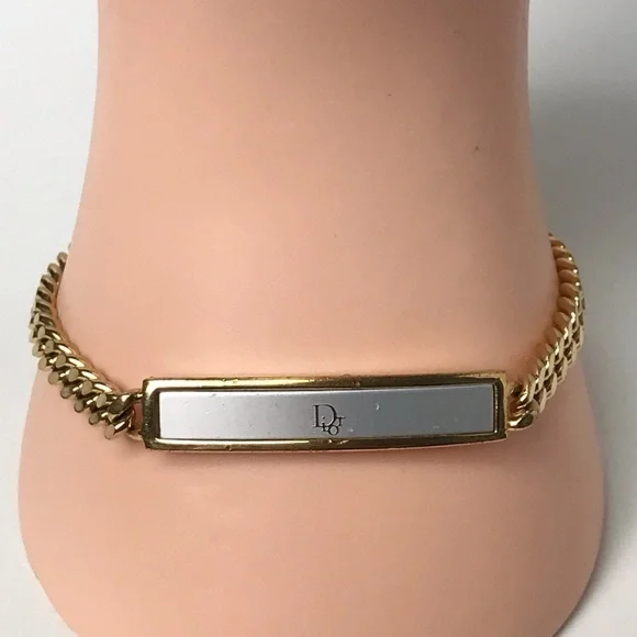 Dior Gold Curb Chain Bracelet W Logo Plaque White Accent - Picture 3 of 15